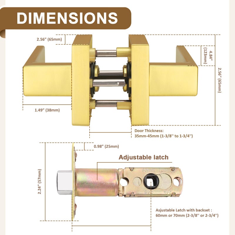 Probrico 6 Packs Gold Passage Door Handles Square Keyless Door knobs Interior Hallway Passage Closet Lever - Image 3